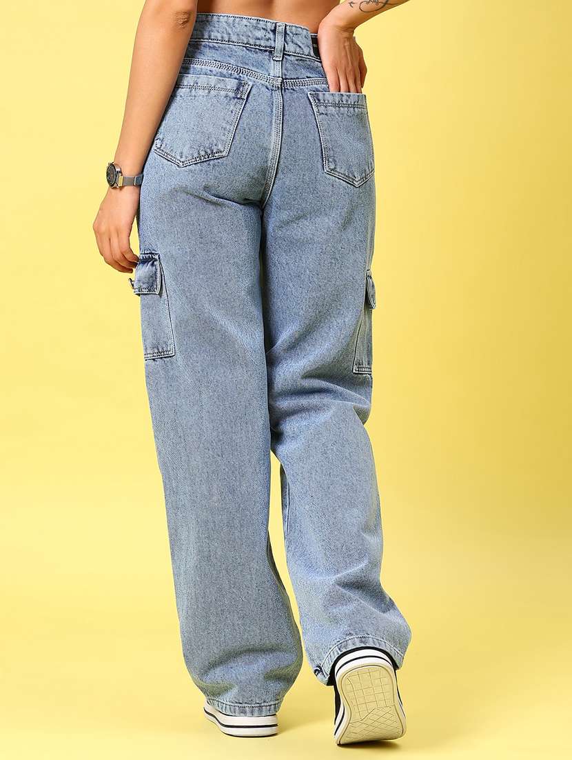 women light blue solid mid rise full length cargo - 21873941 - Standard Image - 4