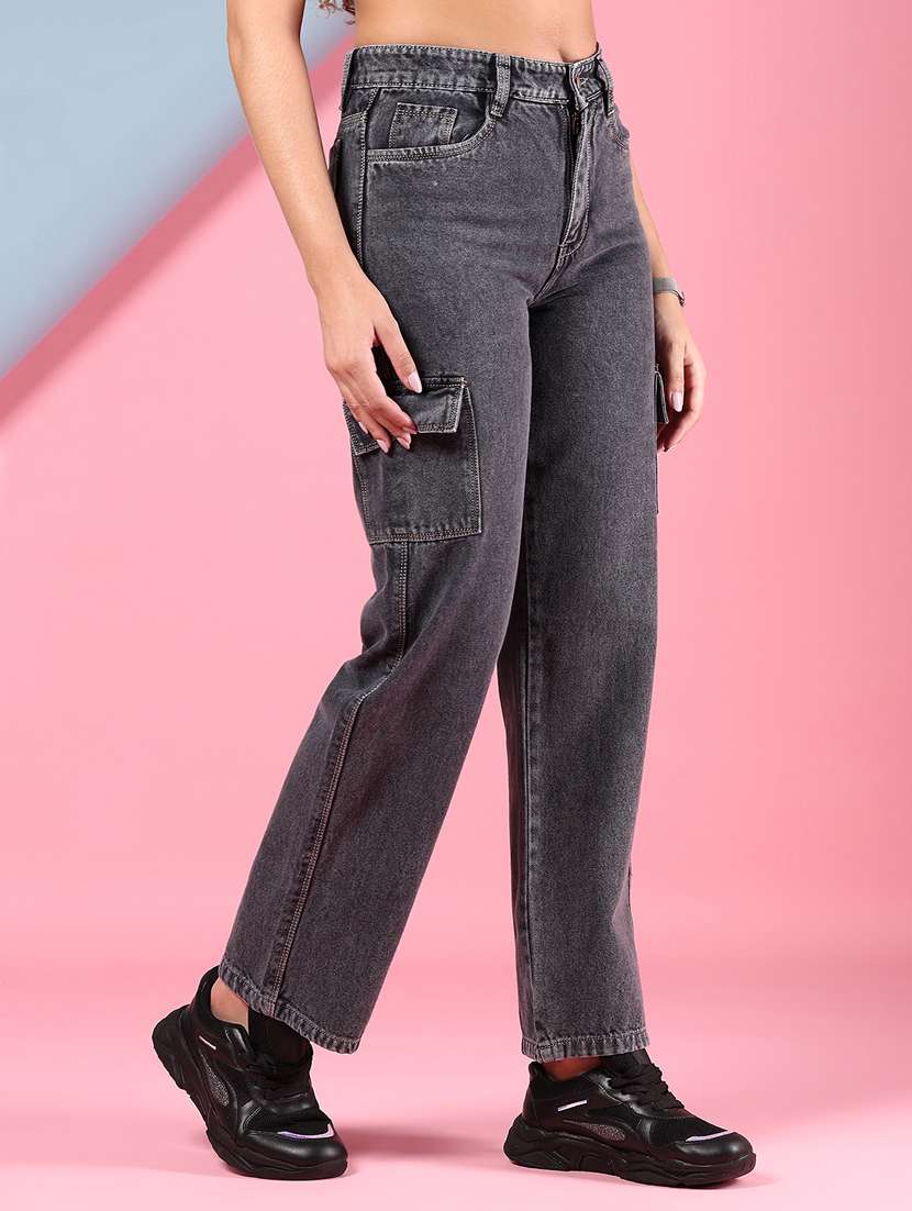 women grey solid high rise regular fit cargo - 21873983 - Standard Image - 1