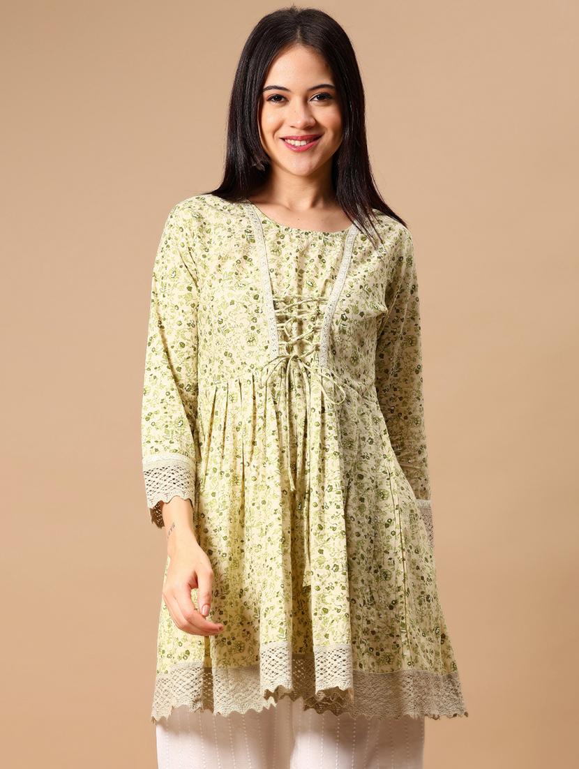 women floral print three quarter sleeve flared kurti - 21874009 -  Standard Image - 1