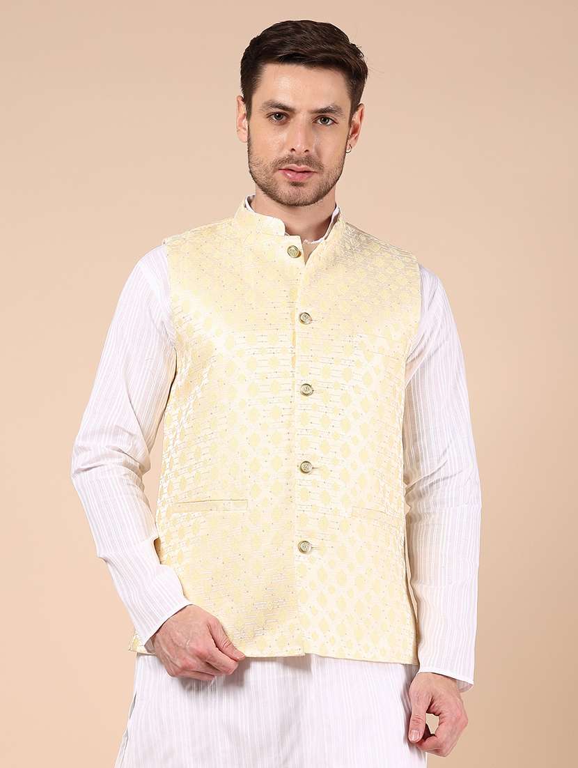 men yellow self designed mandarin neck nehru jacket - 21874034 -  Standard Image - 1