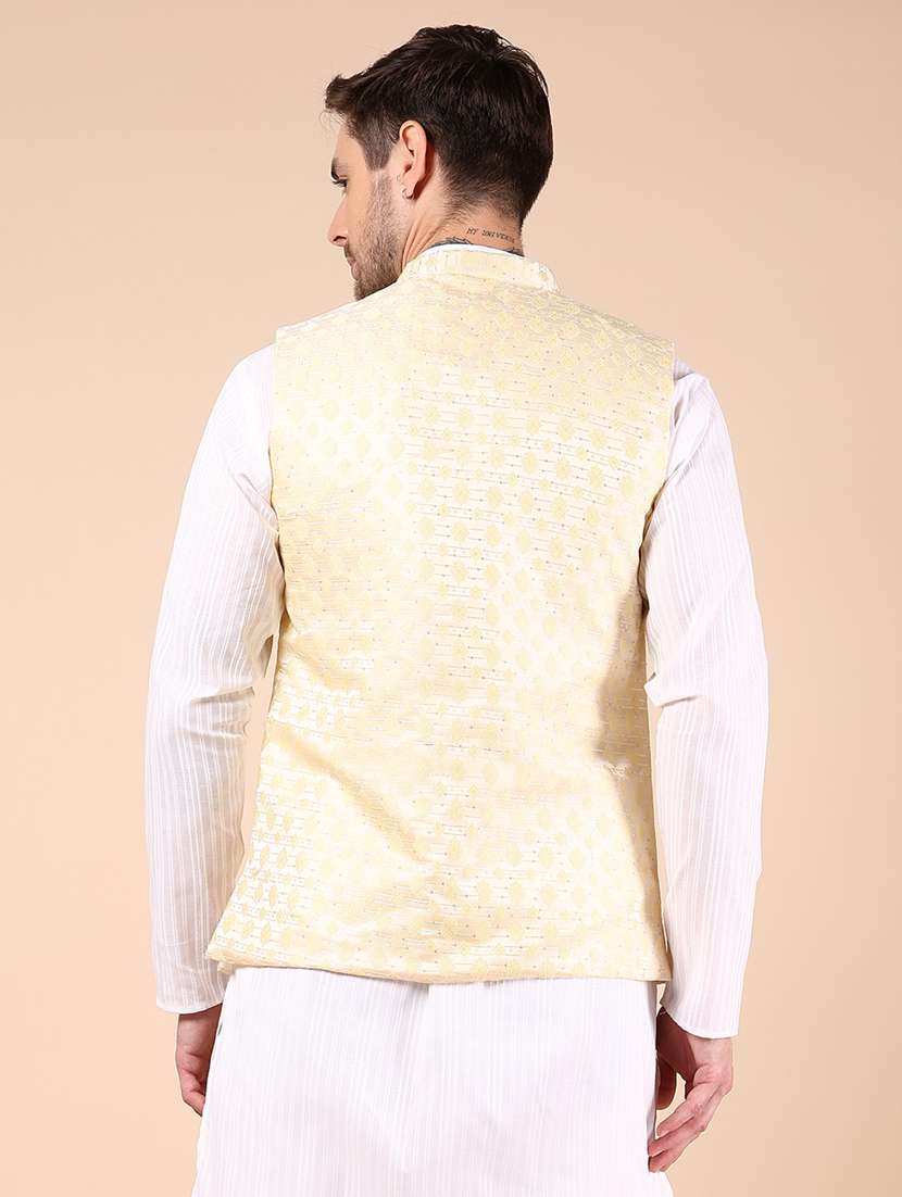 men yellow self designed mandarin neck nehru jacket - 21874034 -  Standard Image - 4