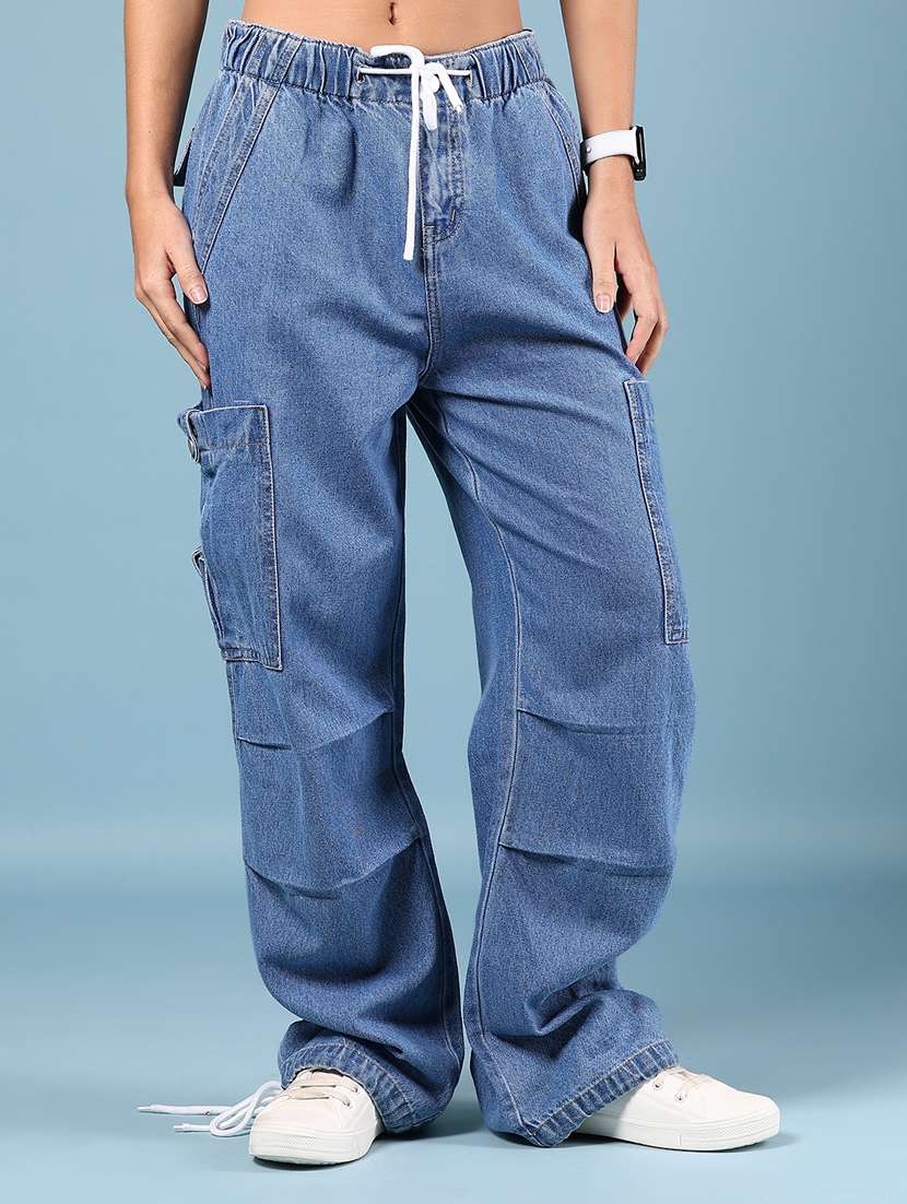 women solid mid rise baggy cargo