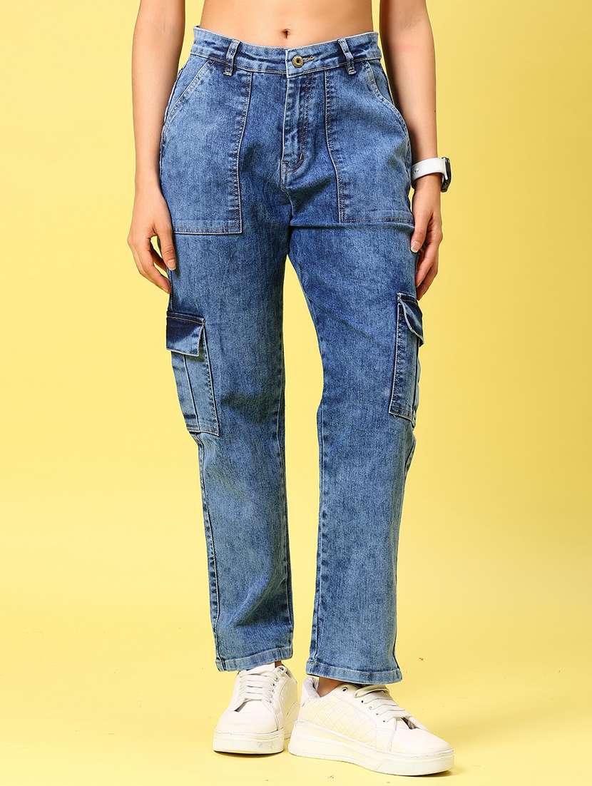 women blue solid mid rise regular fit cargo