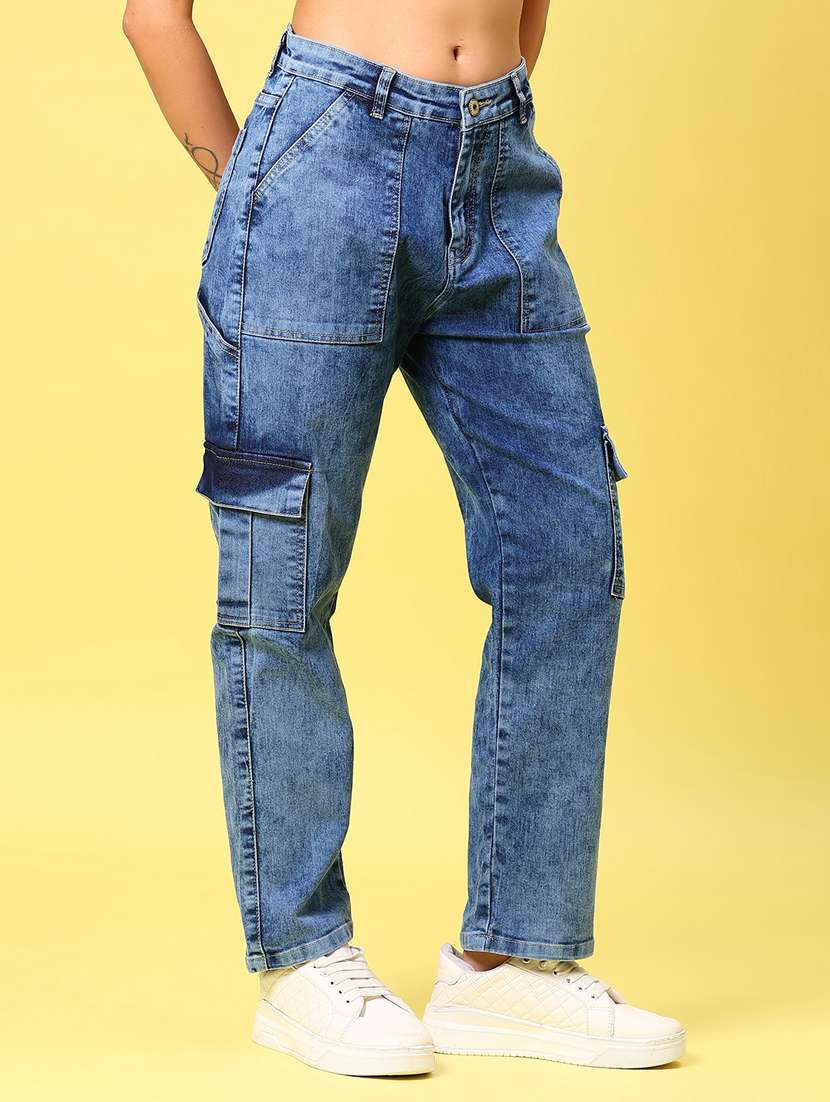 women blue solid mid rise regular fit cargo - 21874124 -  Standard Image - 1