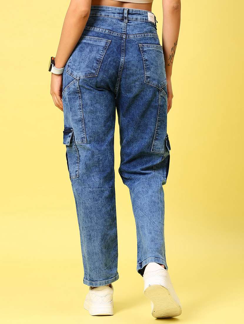 women blue solid mid rise regular fit cargo - 21874124 -  Standard Image - 4