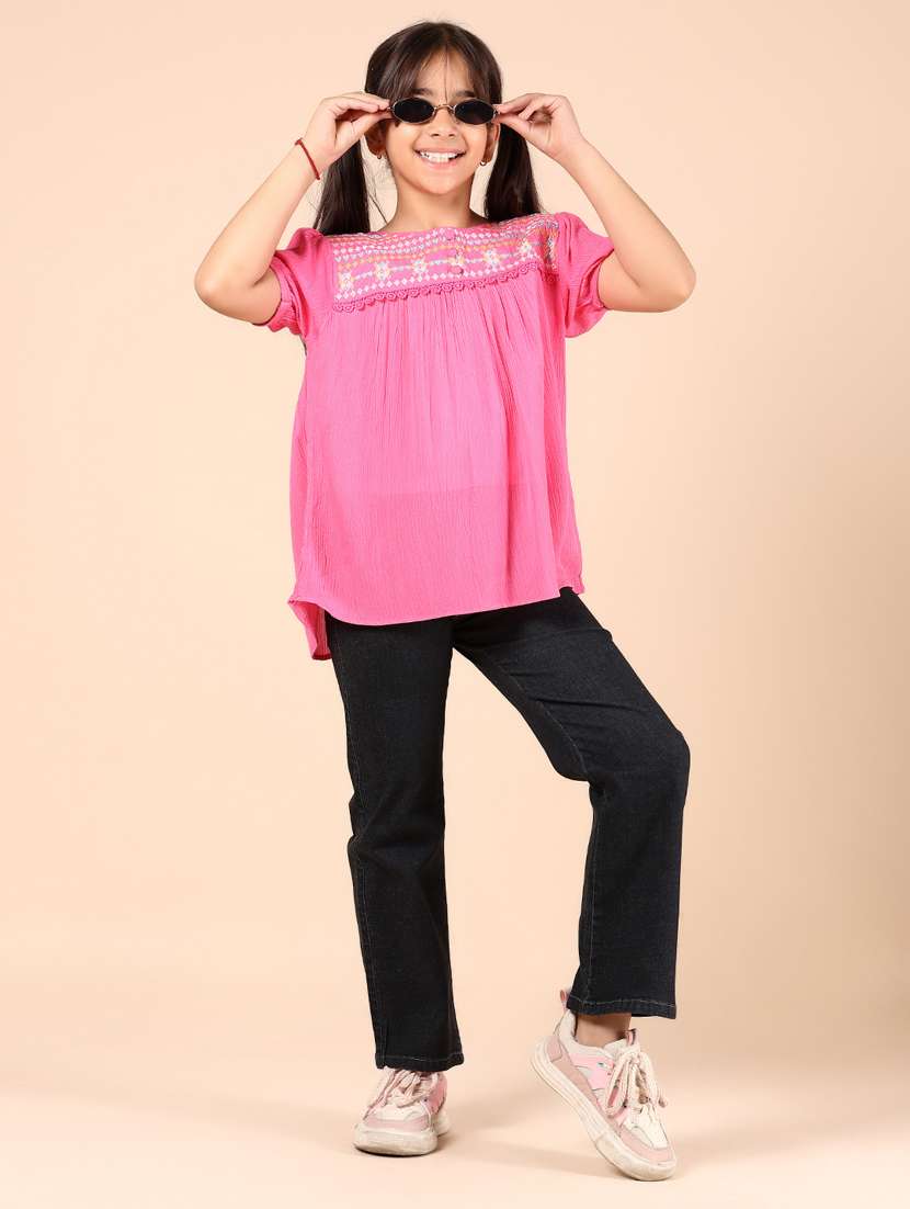 girls pink embroidered round neck top - 21874152 -  Standard Image - 4