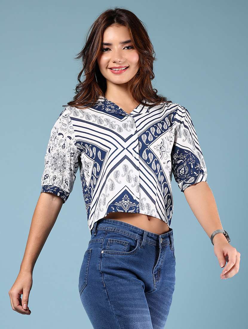 women printed puff sleeve shirt style top - 21874320 - Standard Image - 1