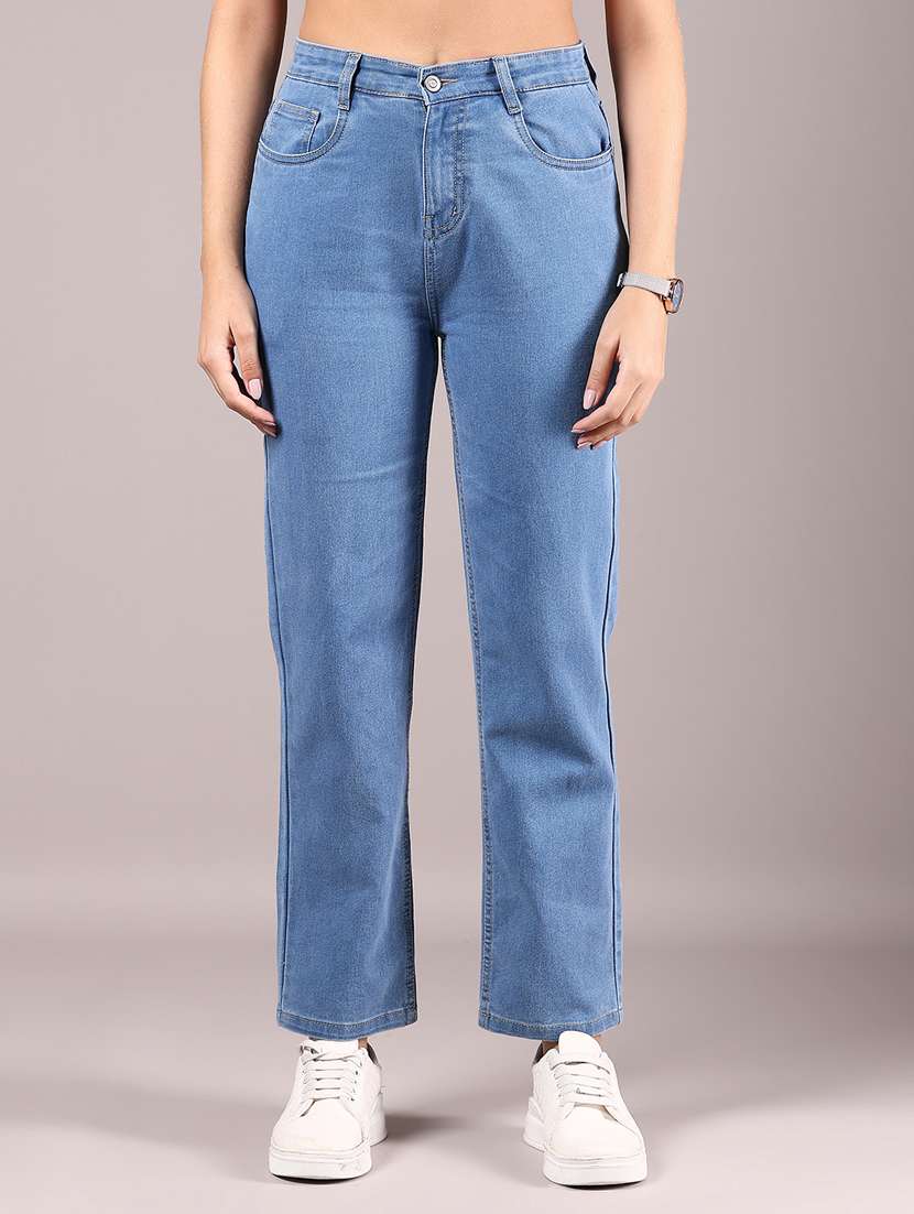 women blue solid high rise straight fit jeans - 21874333 -  Zoom Image - 0