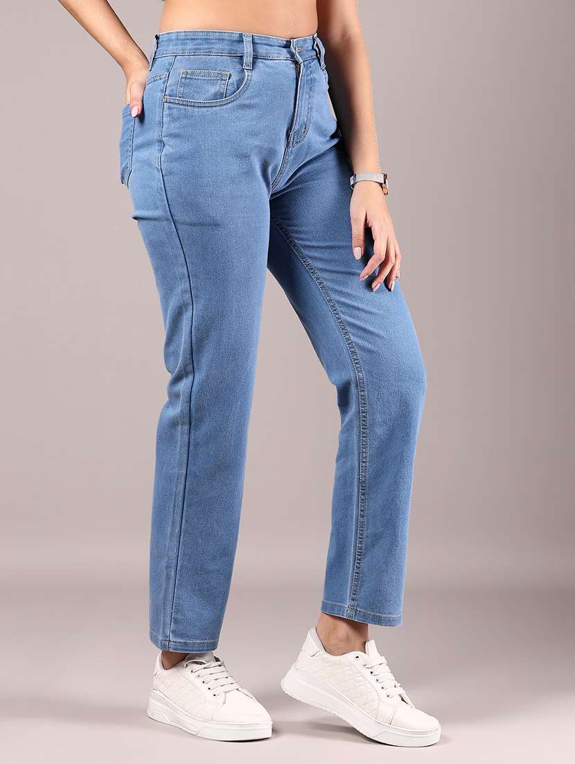 women blue solid high rise straight fit jeans - 21874333 - Standard Image - 1
