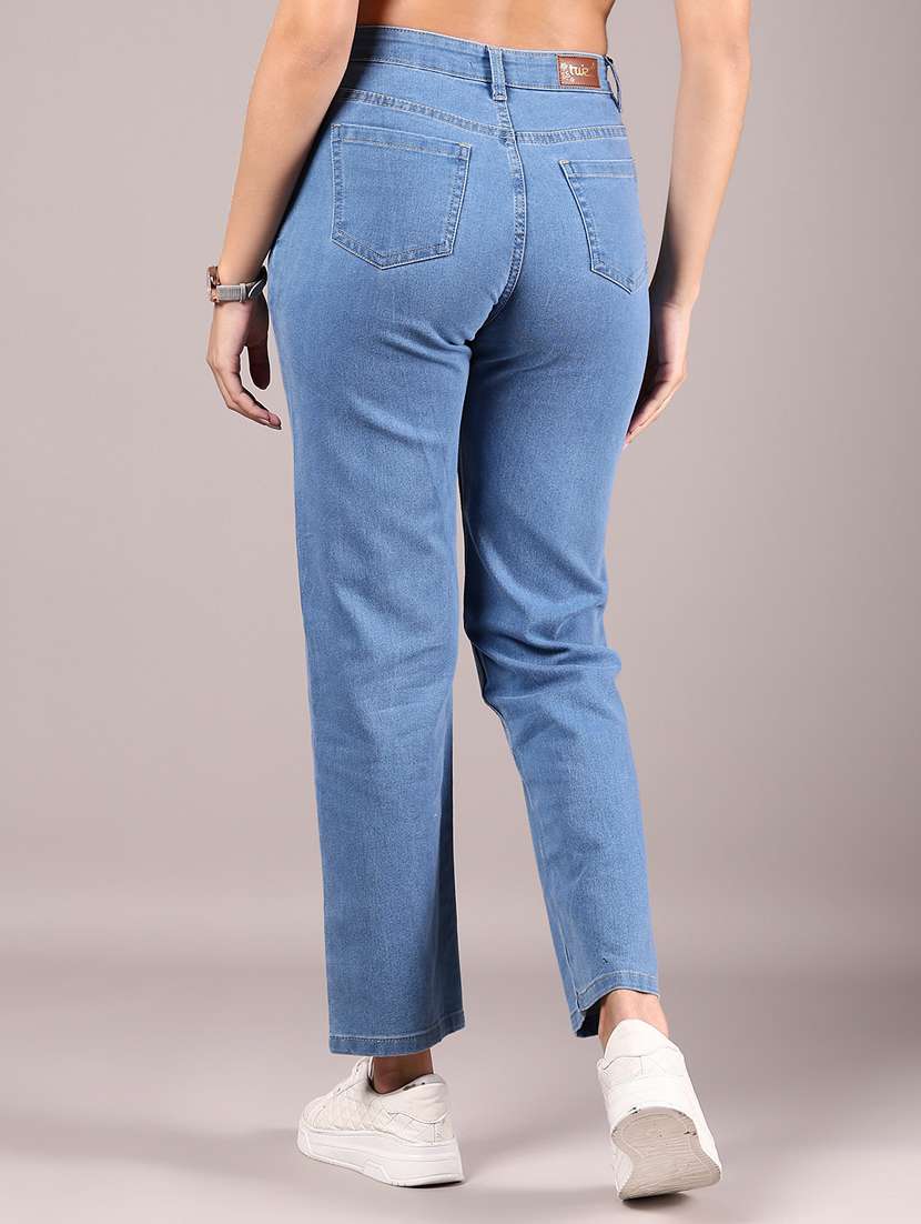 women blue solid high rise straight fit jeans - 21874333 - Standard Image - 4