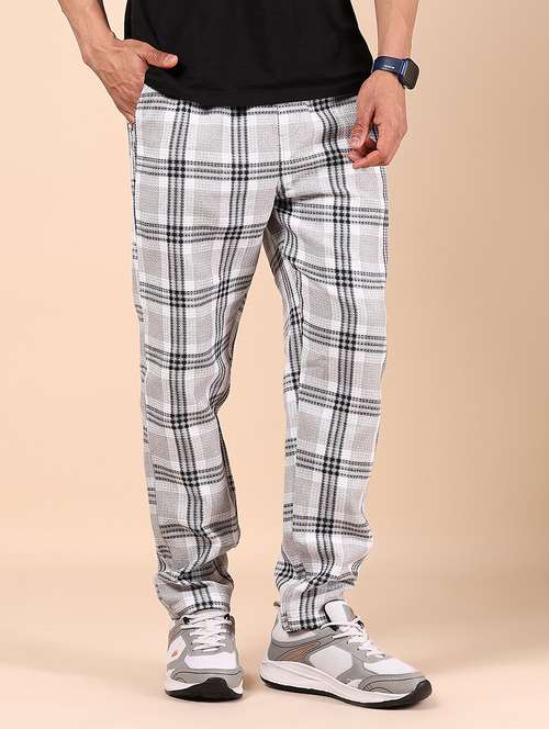 men grey checkered mid rise full length track pant - 21874357 -  Standard Image - 0