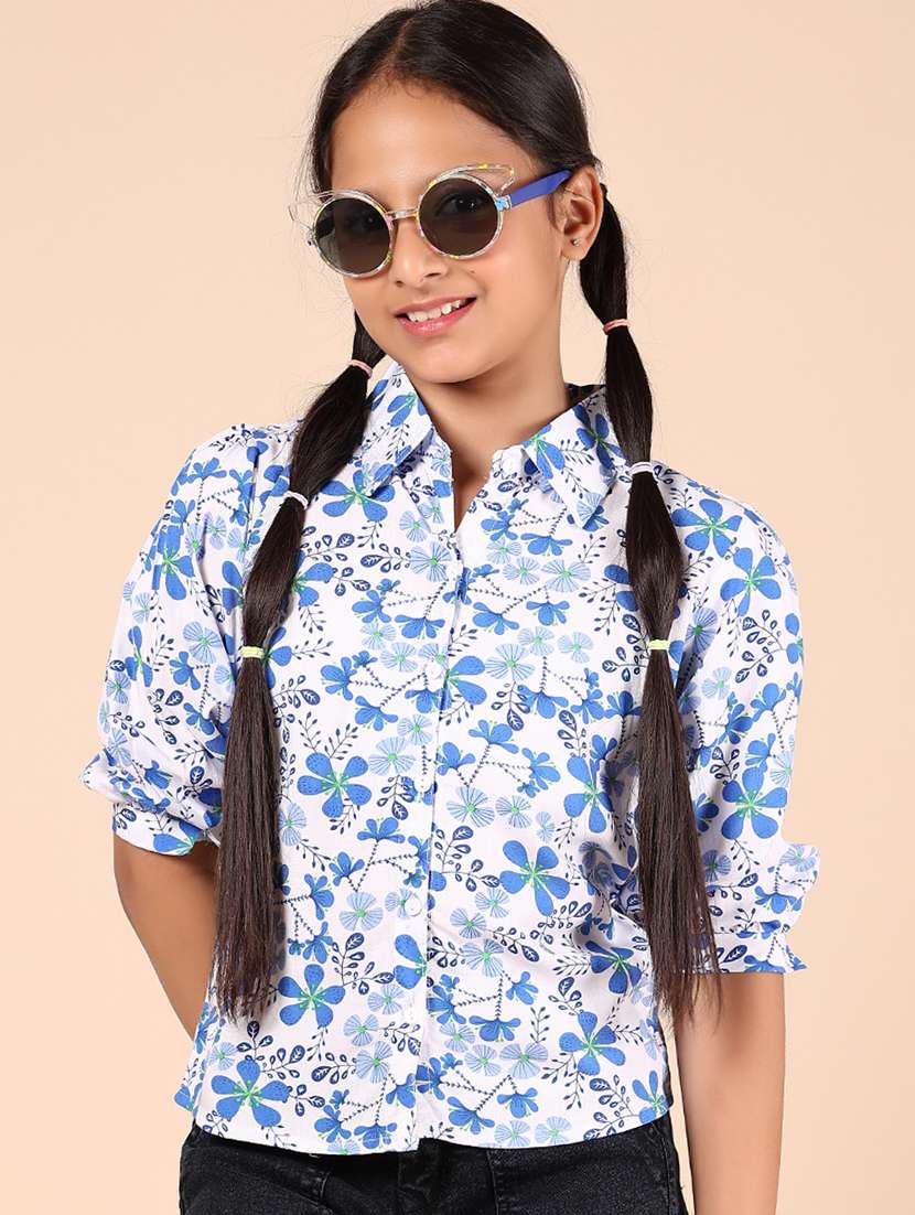girls blue floral printed short sleeve shirt
