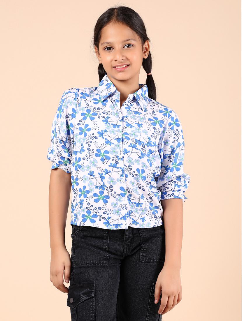 girls blue floral printed short sleeve shirt - 21874421 - Standard Image - 1