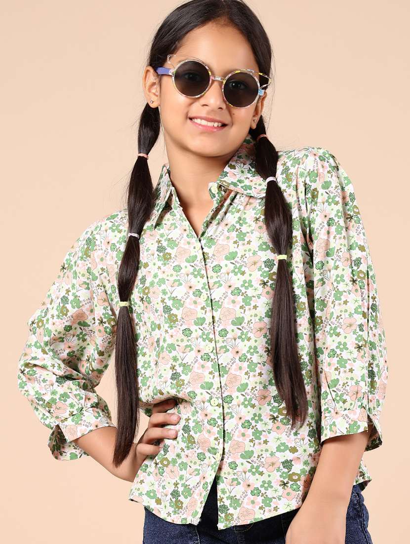 girls green floral printed long sleeve shirt