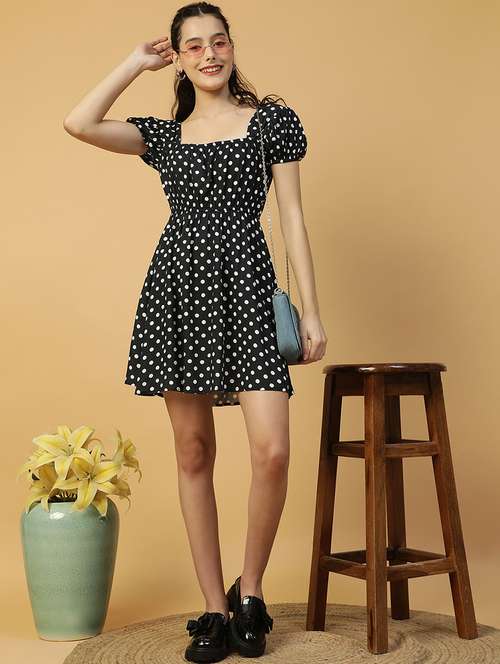 women polka doted puff sleeves a-line dress - 21874596 - Standard Image - 0