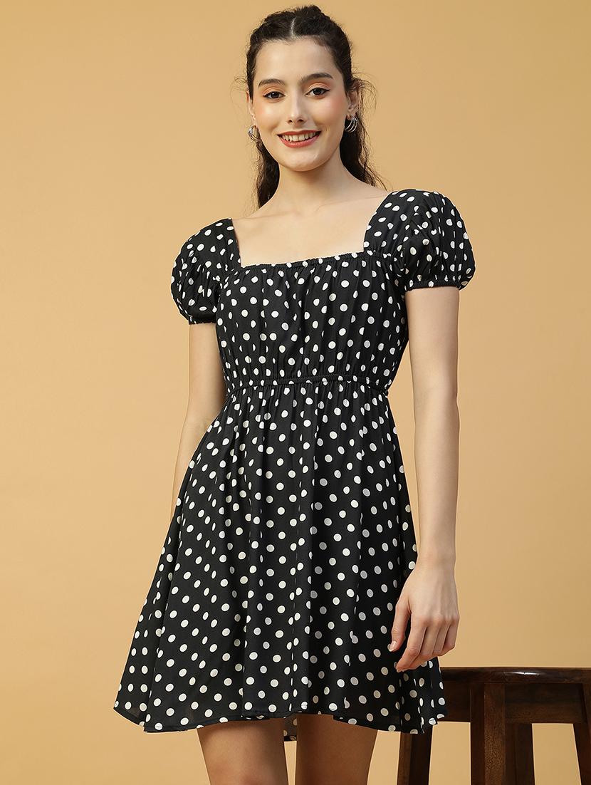women polka doted puff sleeves a-line dress - 21874596 - Standard Image - 1