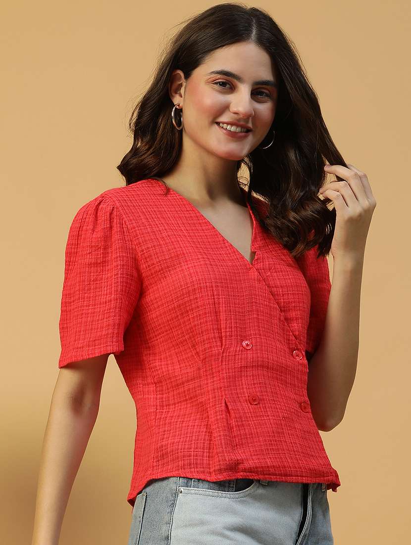 women self designed short sleeves wrap top - 21874606 -  Standard Image - 1