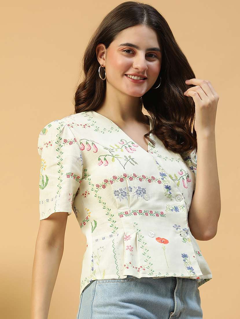 women floral print short sleeves wrap top - 21874609 -  Standard Image - 1