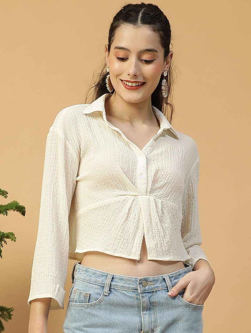 women solid collared crop shirt