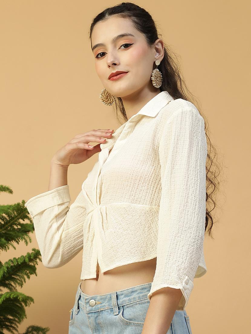 women solid collared crop shirt - 21874611 - Standard Image - 1