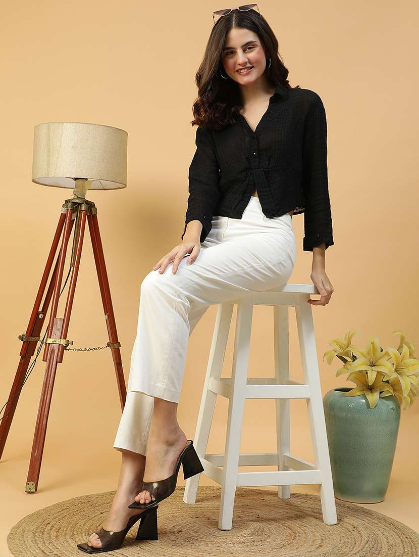 women solid long sleeves crop shirt - 21874613 -  Standard Image - 4