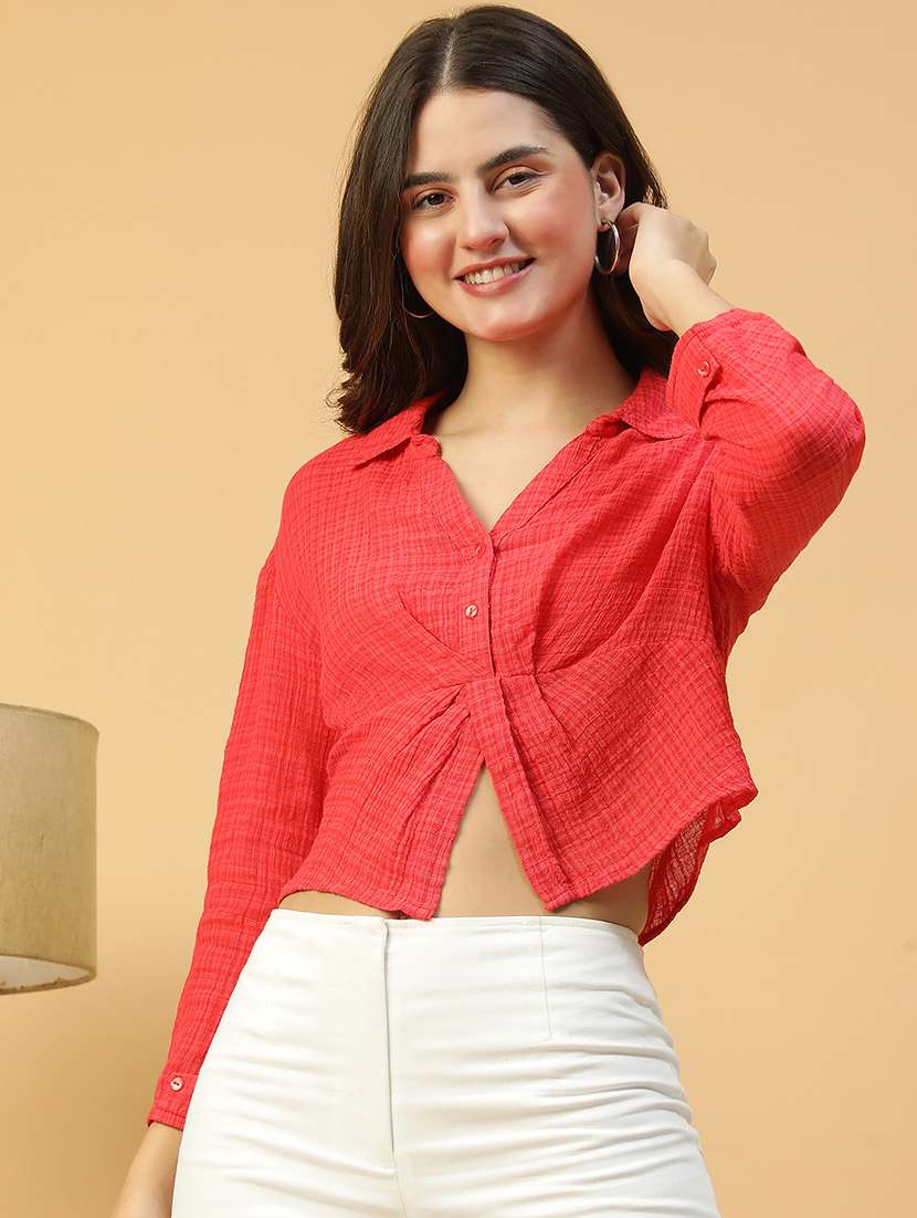 women solid long sleeves crop shirt