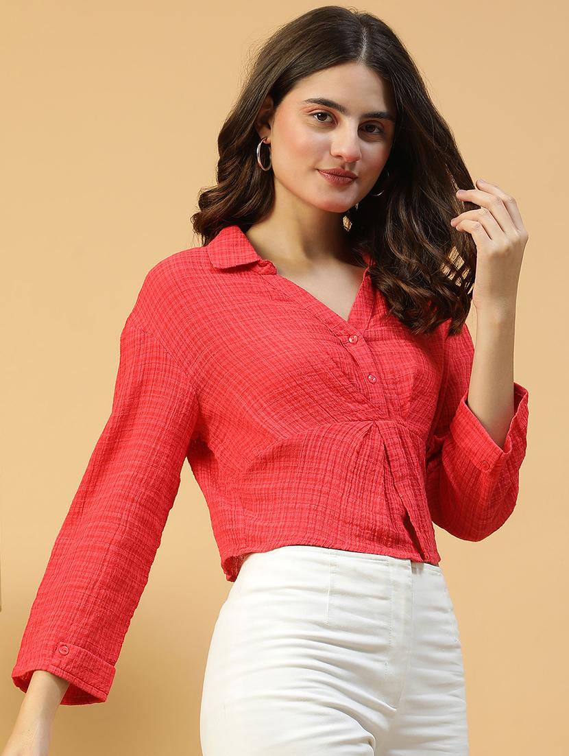 women solid long sleeves crop shirt - 21874614 - Standard Image - 1