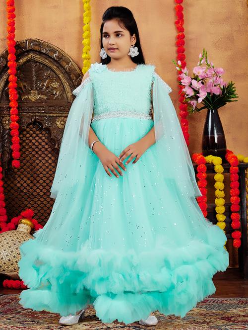 girls solid with work round neck embellished party gown - 21874755 - Standard Image - 0