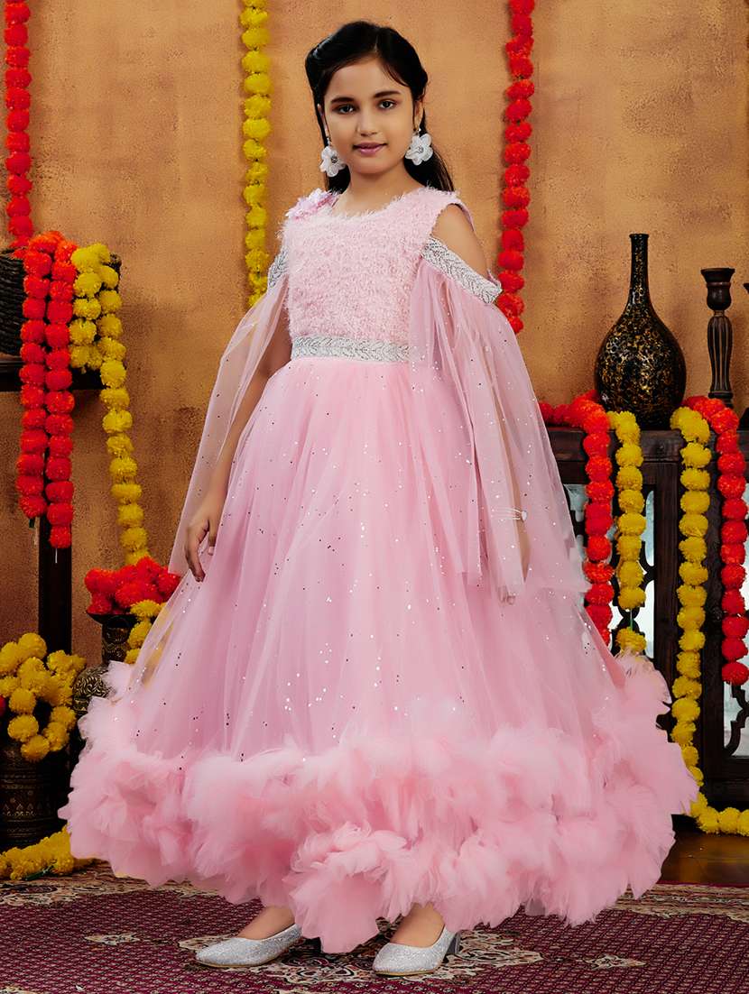 girls solid with work round neck embellished party gown - 21874756 -  Standard Image - 1