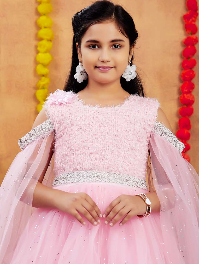 girls solid with work round neck embellished party gown - 21874756 -  Standard Image - 4