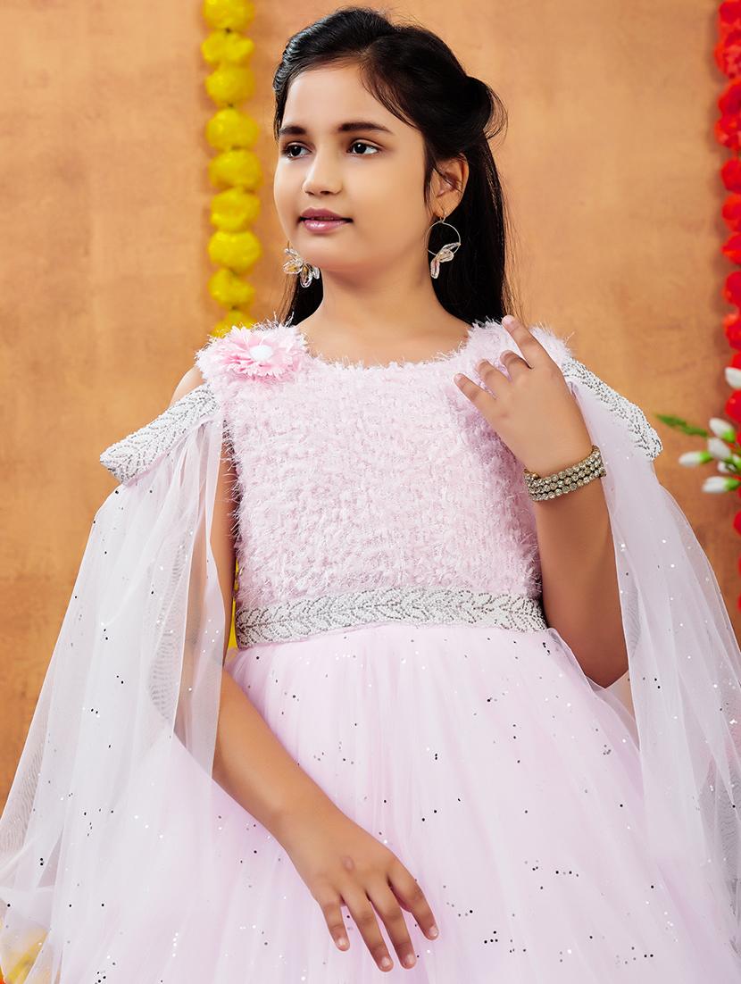 girls solid with work round neck embellished party gown - 21874757 - Standard Image - 4