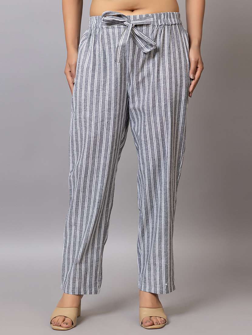 women striped mid rise full length trouser