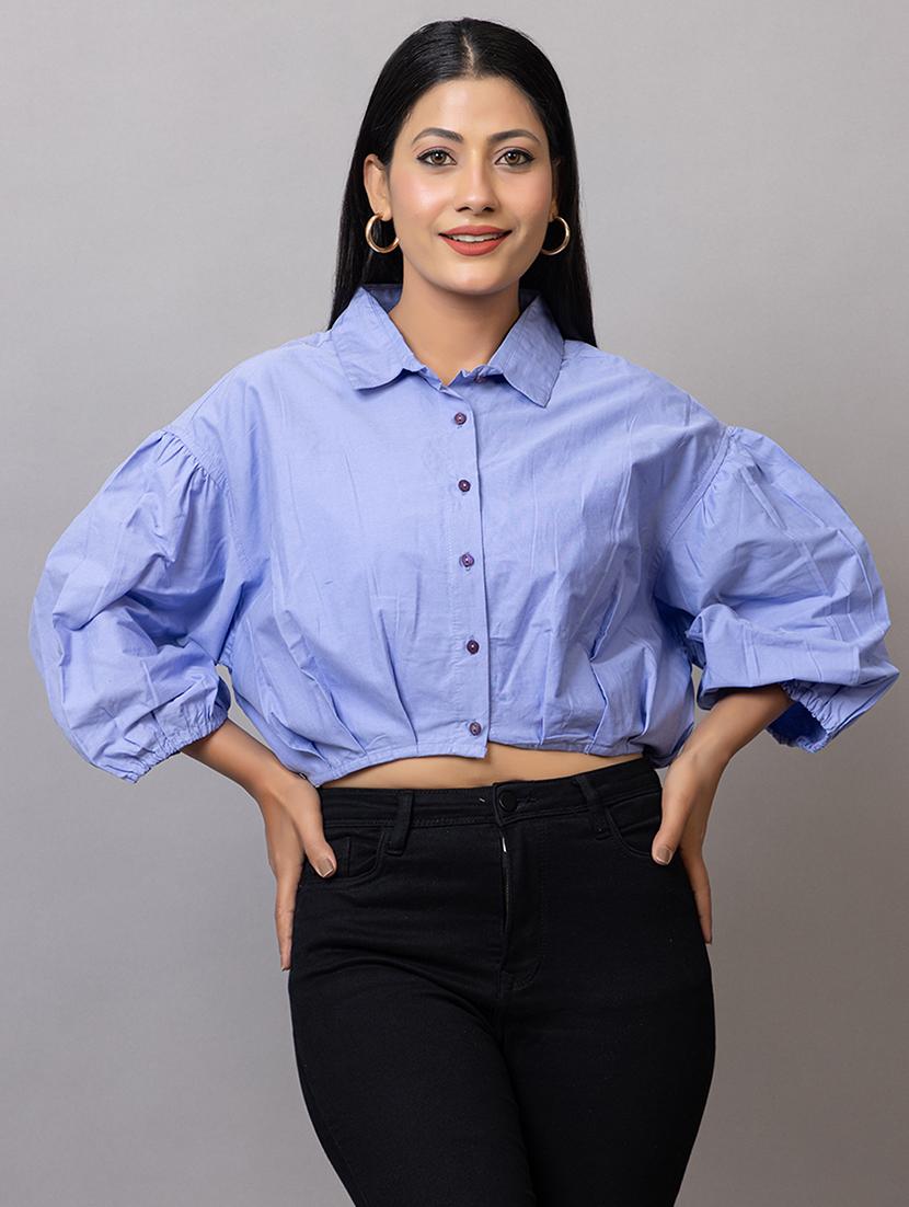 women solid puff sleeves crop shirt - 21874779 - Zoom Image - 0