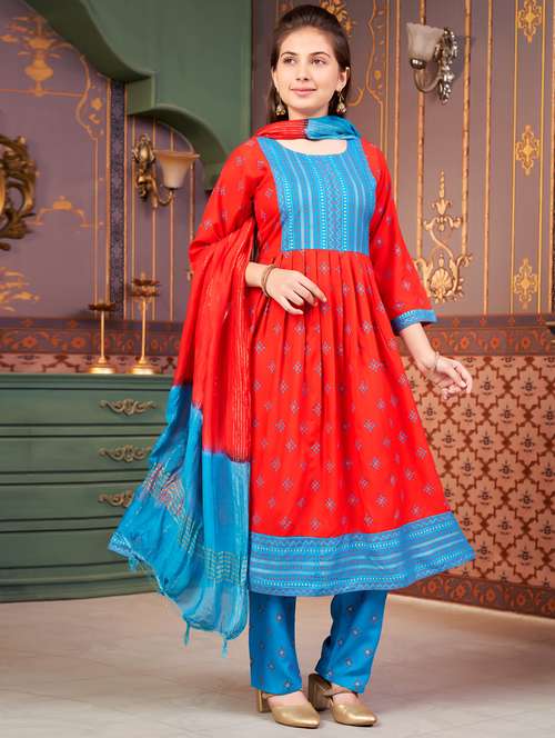 girls three quarter sleeve kurta pant with dupatta set - 21874791 -  Standard Image - 0