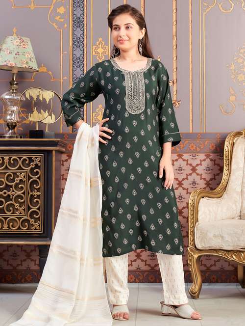 girls three quarter sleeve kurta pant with dupatta set - 21874804 -  Standard Image - 0