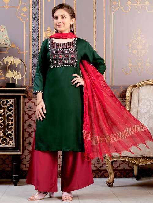 girls three quarter sleeve kurta palazzo with dupatta set - 21874822 -  Standard Image - 0