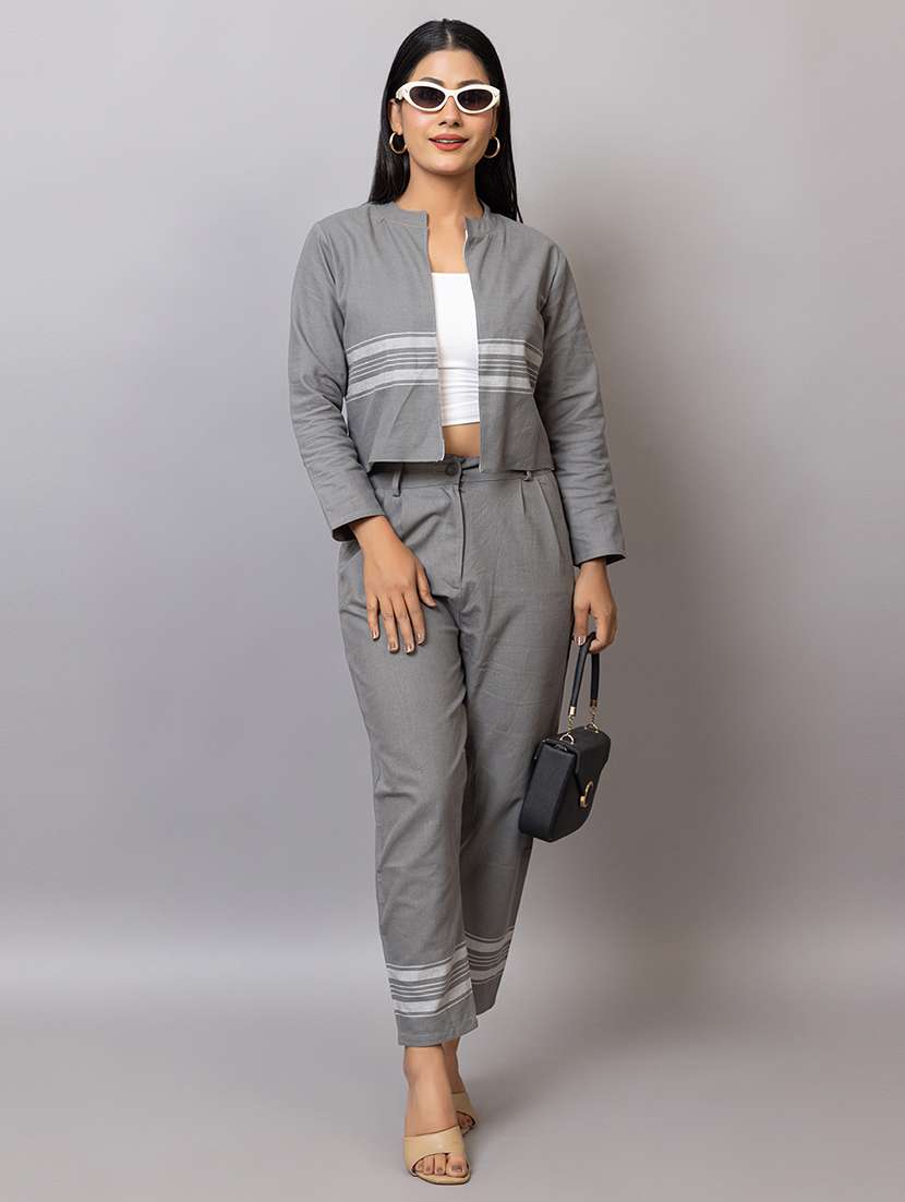 women grey striped jacket & trouser co-ord set