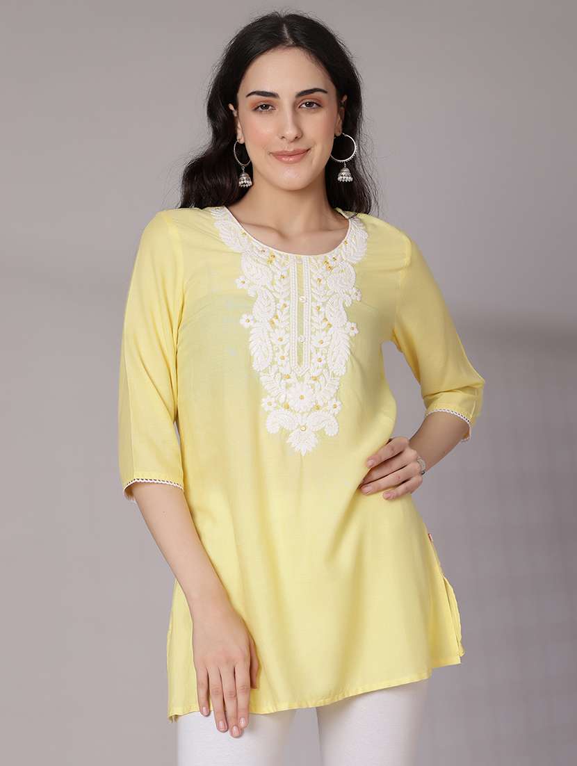 women embroidered three quarter sleeve kurti
