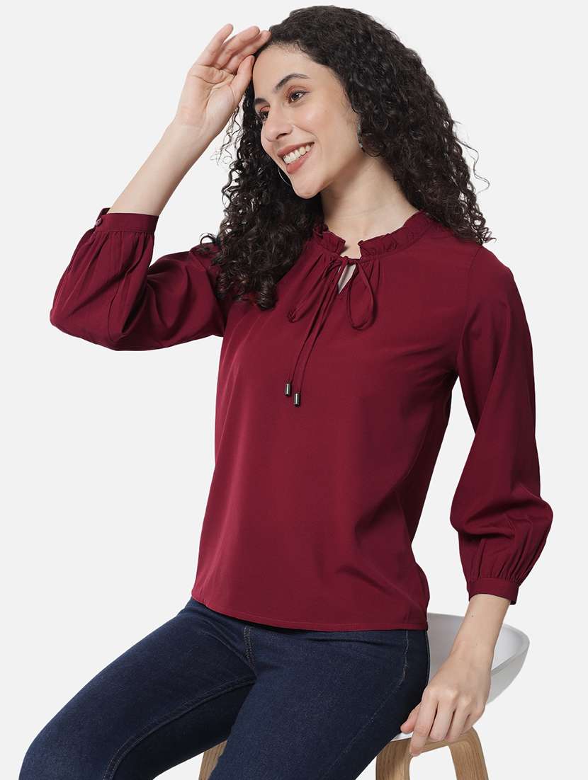 women solid tie up neck puff sleeves regular top