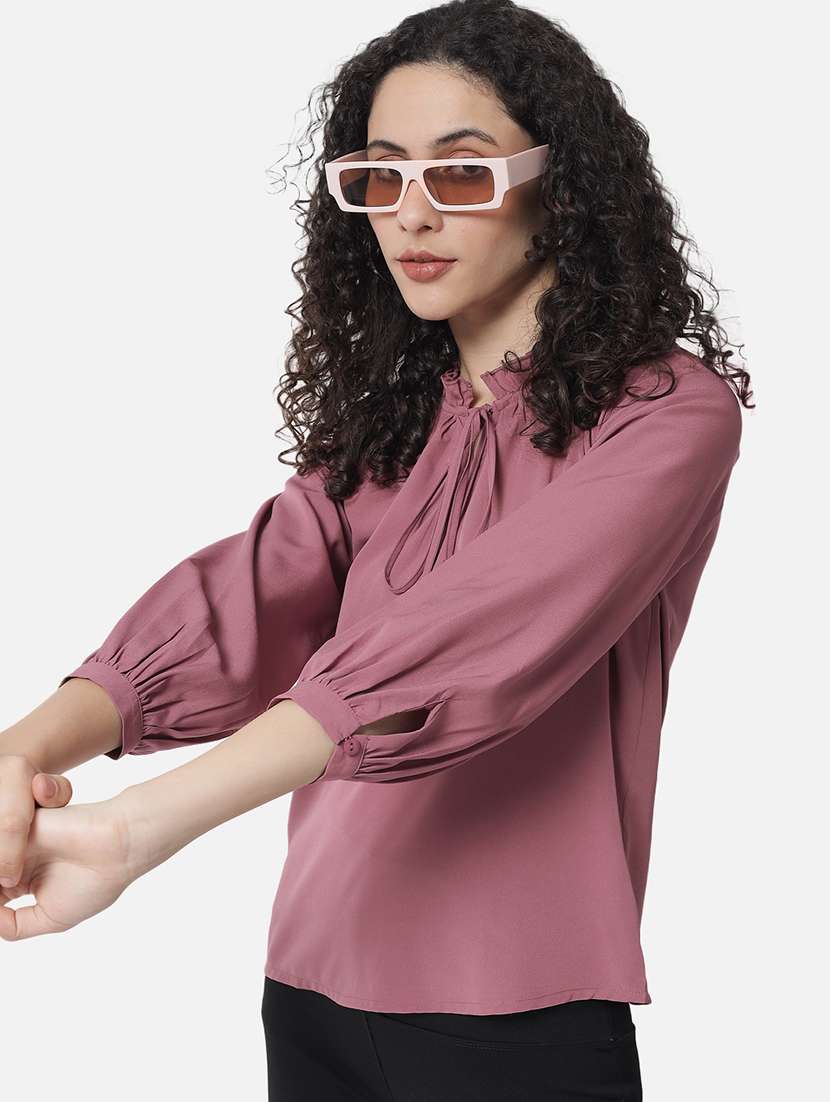 women solid tie up neck puff sleeves regular top