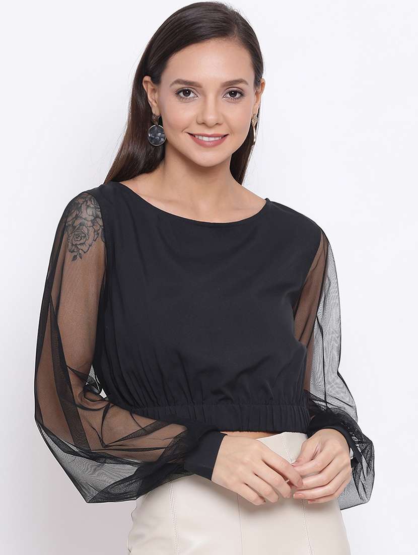 women solid puff sleeves crop top