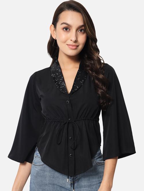 women sequined lapel neck shirt style top - 21880884 - Standard Image - 0