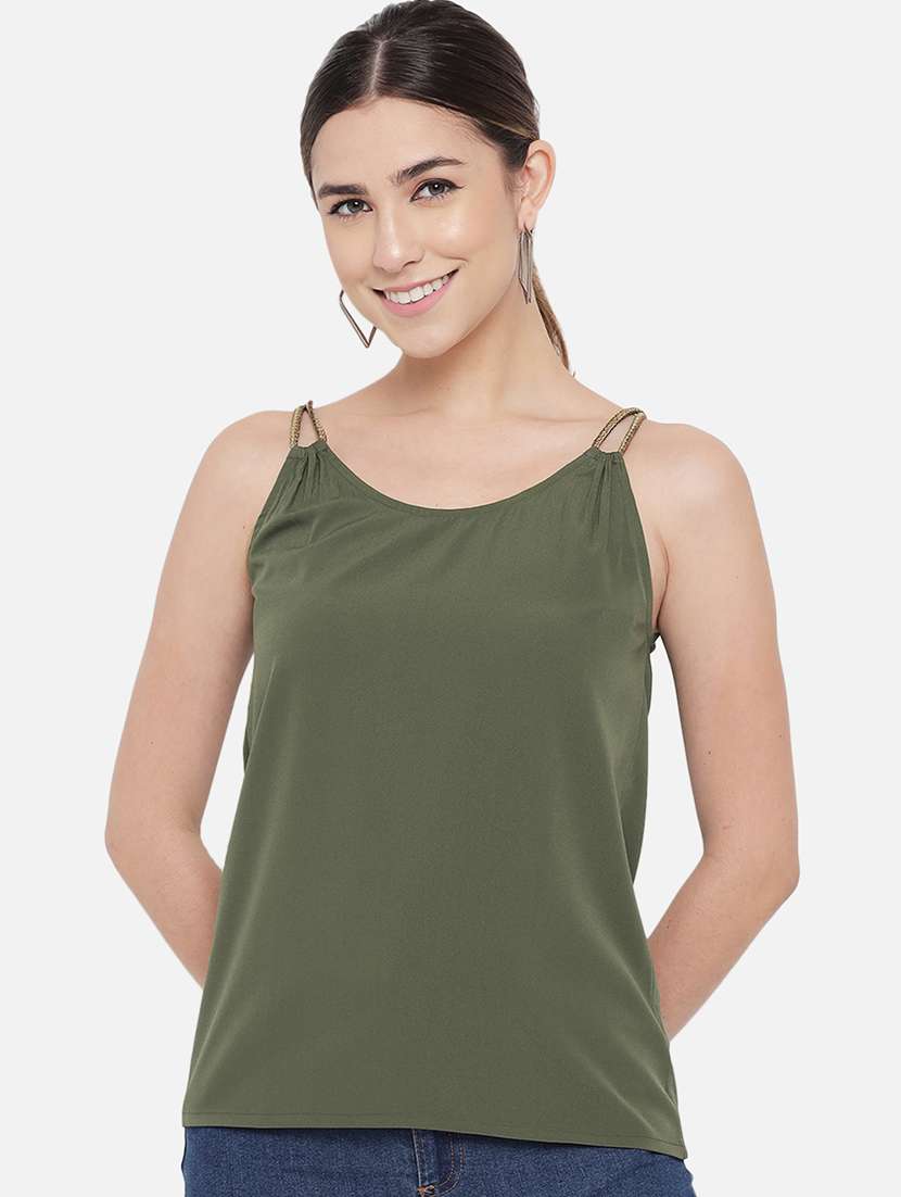 women solid shoulder strap regular top