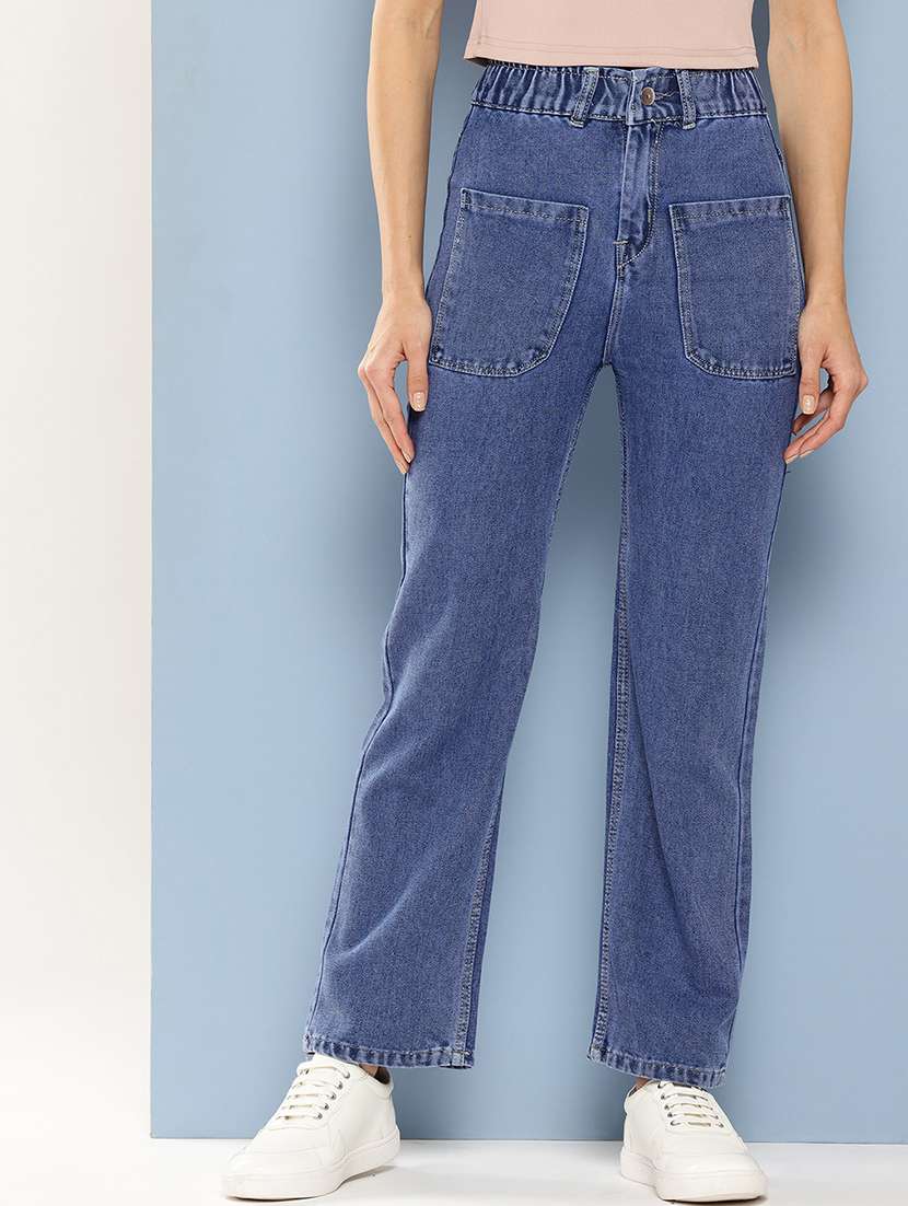 women solid high rise straight fit jean