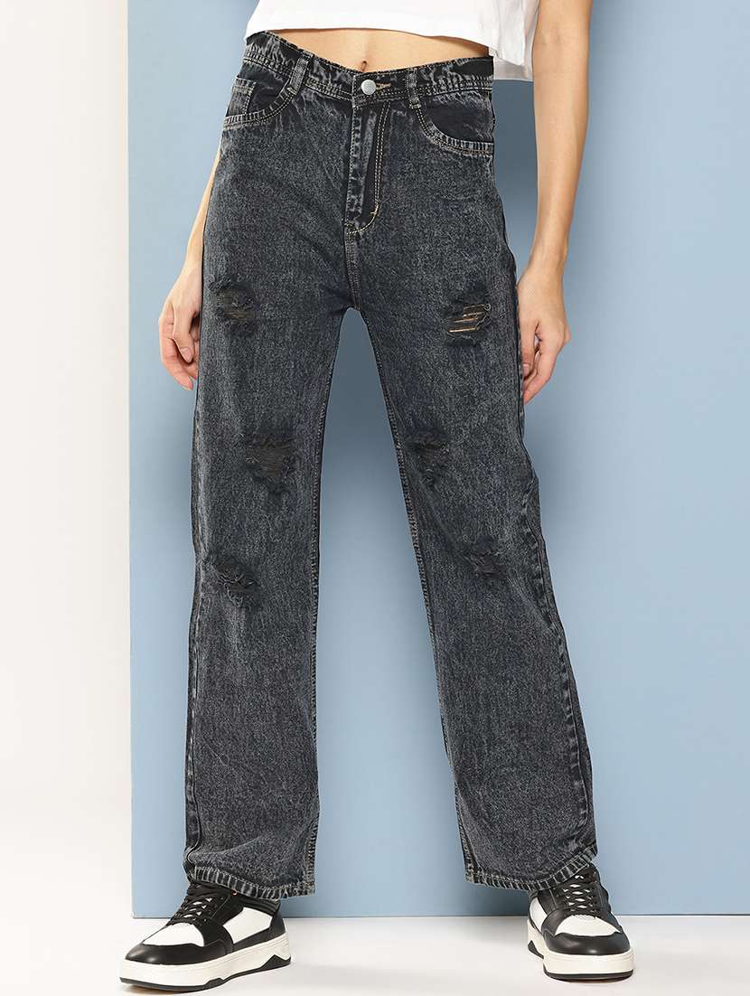 women distressed high rise straight fit jean