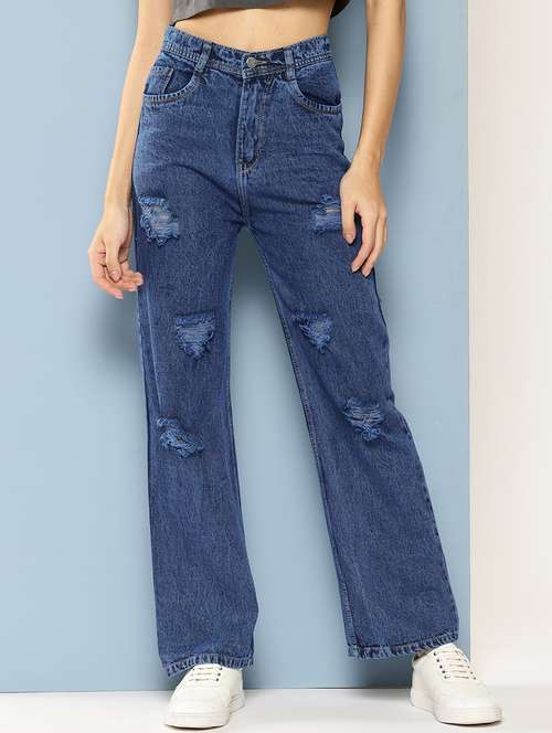 women distressed high rise straight fit jean - 21880969 - Standard Image - 0