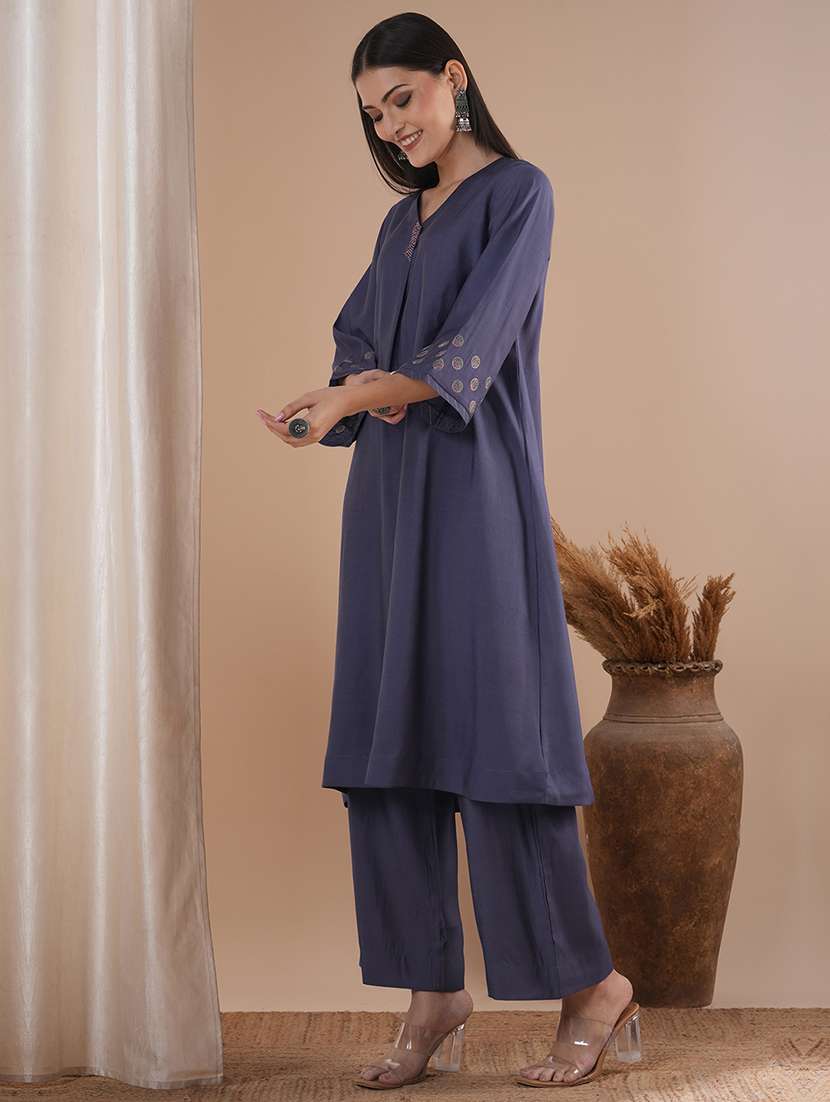 women blue three quarter sleeve kurta pant set - 21881143 -  Standard Image - 1