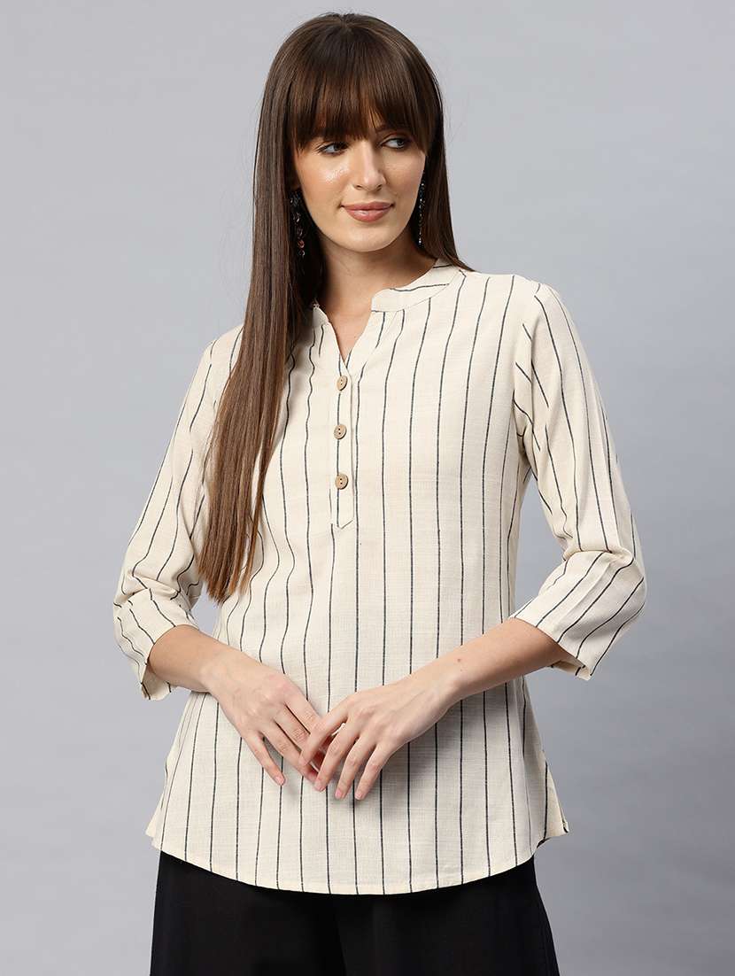 women striped three quarter sleeves regular top