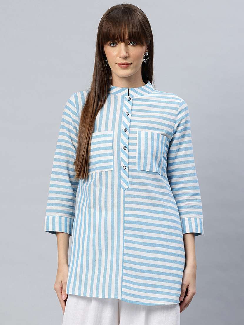 women striped three quarter sleeves a-line top - 21881201 -  Zoom Image - 0
