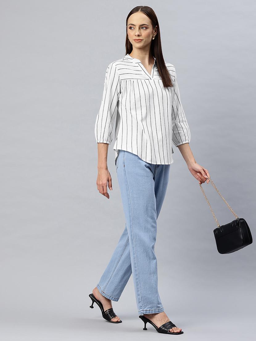 women striped mandarin neck regular top - 21881203 - Standard Image - 4